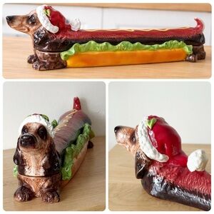 Ganz Dachshund Doxie 18”L Ceramic Christmas Santa Hat Weiner Dog Relish Dish